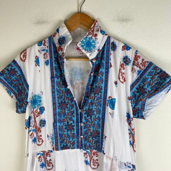 Victoria Dunn Folly Dress Size XS Rosa White Blue Blockprint Midi *no belt - Picture 6 of 12